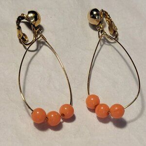 Vintage Gold Metal Teardrop Earrings with Coral Beads